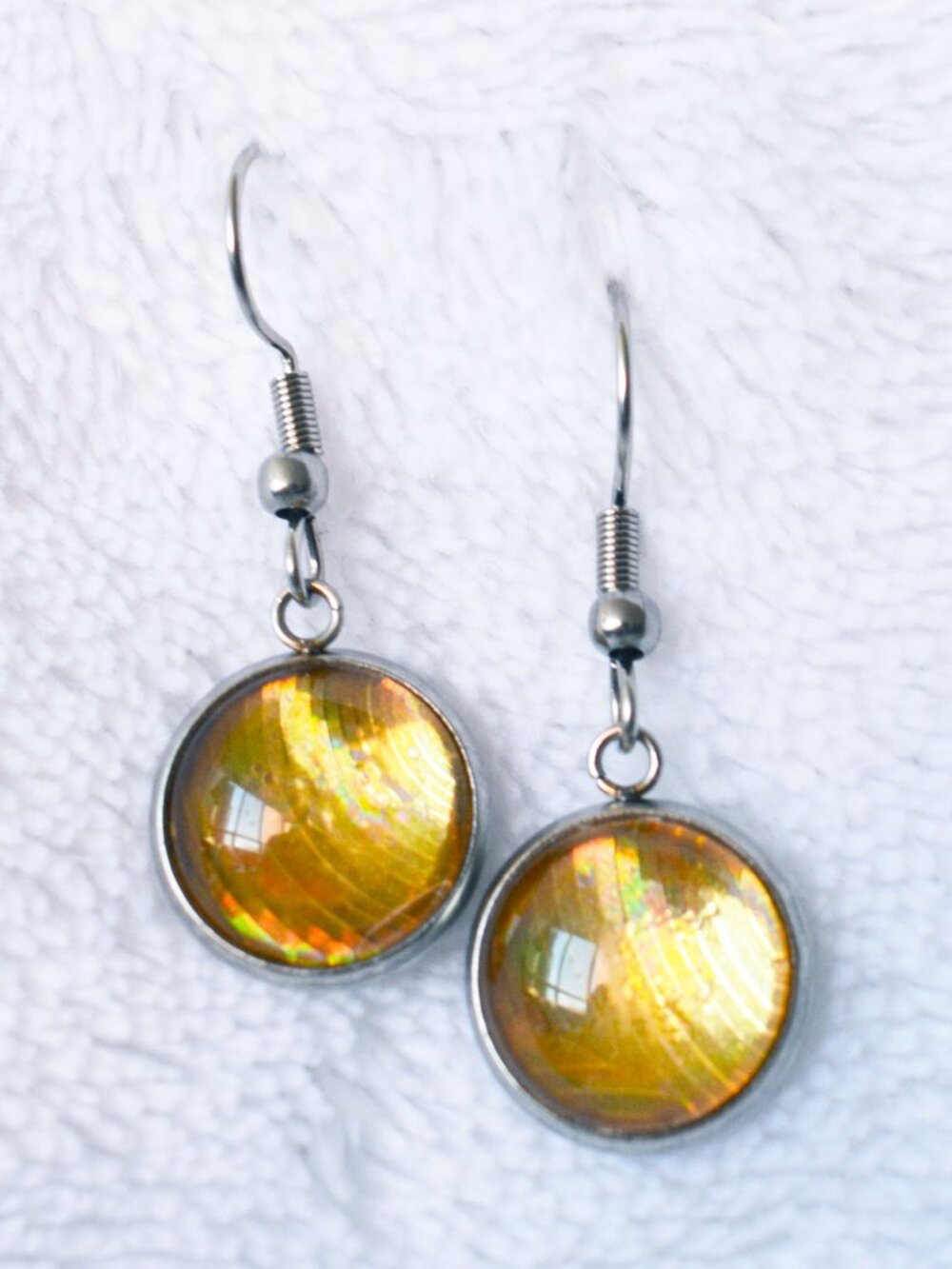 Holographic Gold Cabochon Dangle Earrings Hypoallergenic Jewelry